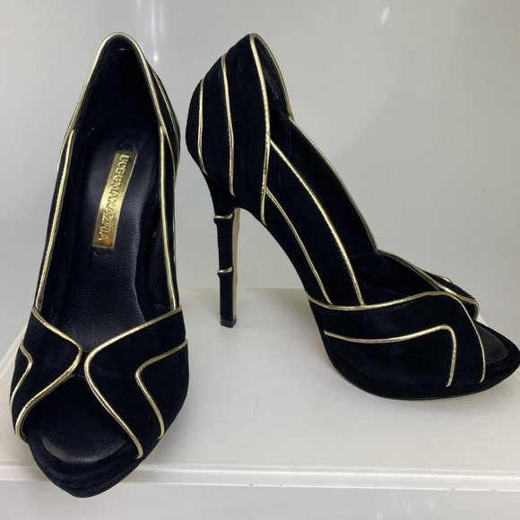 BCBG BLACK SUEDE WITH GOLD PIPING PEEP TOE PUMPS - Picture 1 of 6